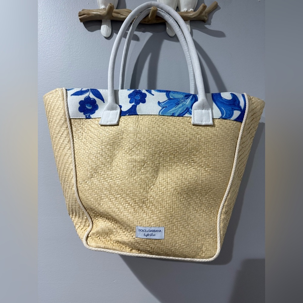 Dolce Gabbana Light Blue Woven Straw Weave Tote Bag Shoulder Fragrance Purse New